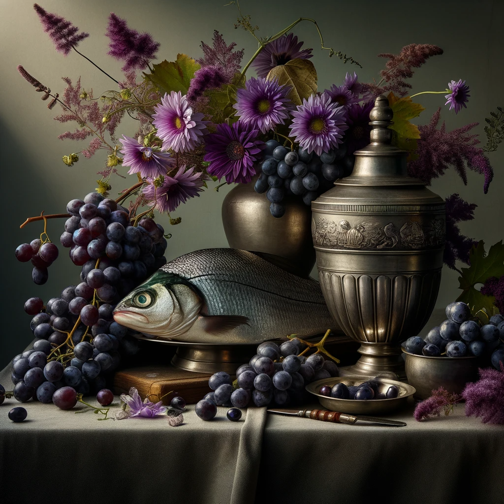 flowers, grapes and fish