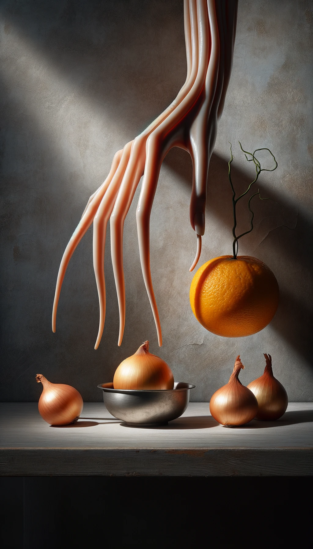 spindly fingers with onions and hanging orange