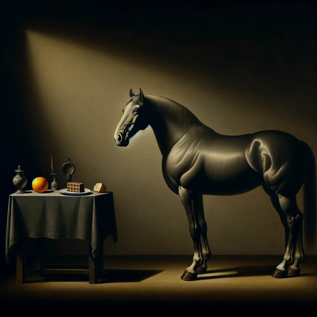 the horse, with glossy coat